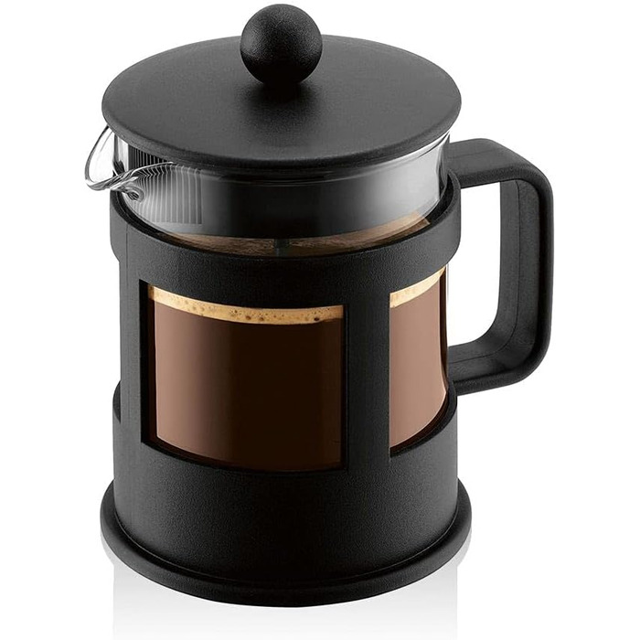 Bodum Kenya Френч-прес для кави 1л / 8 чашок - ручний з боросилікатного скла та нержавіючої сталі, миється в посудомийній машині, Made in Portugal (Чорний, 4 чашки)