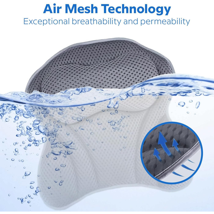 ADOV Bathtub Pillow – Ergonomic Luxury Neck Pillow with 6 Suction Cups, Soft Bath Pillow with 3D Air Mesh for Head, Back and Shoulders, Washable Pillow for Bathtub, Ideal for Bathtub, Spa (Gray)