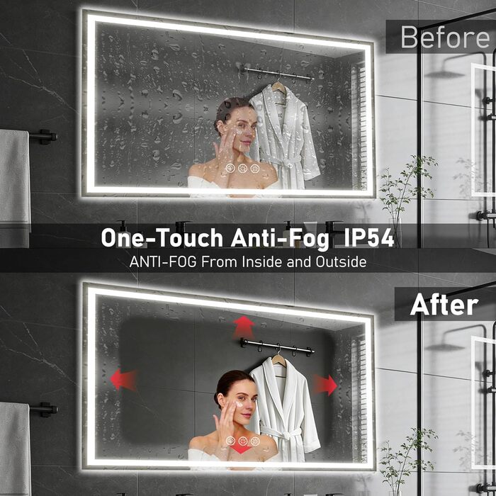 Дзеркало для ванної кімнати 50x70 см з підсвічуванням LED, антизапар, регулювання яскравості, 3 кольори світла