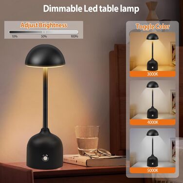 LED настільна лампа бездротова диммерна акумуляторна торшер Touch 3000k/4000k/5000k, 4500mAh, чорна, для дому, бару, готелю, вітальні, їдальні, USB, 1 шт.