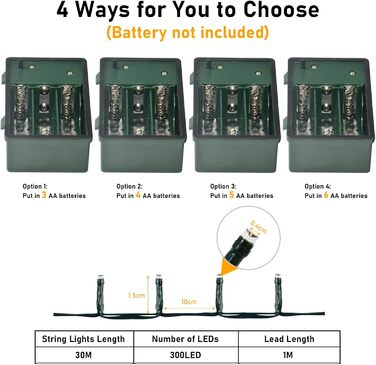 Гірлянда світлодіодна 30м, 300 LED, з таймером, 8 режимів, водонепроникна, зелений кабель, тепле біле світло, для декору, вечірок, саду, Нового року