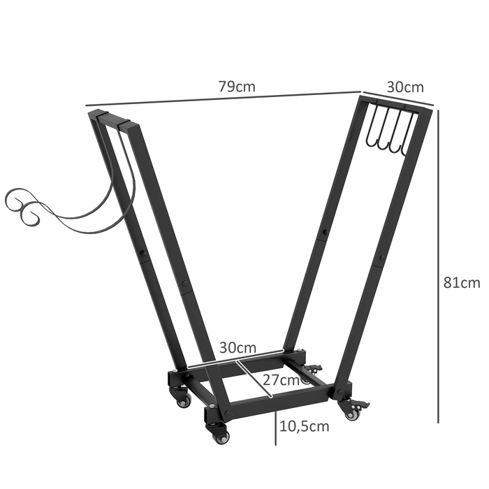 Сховище для дров Outsunny на колесах 79 x 30 x 81 см – зручна підставка для дров у сад та на терасу. Металева конструкція чорного кольору, включає гачки для розпалювальних дрібок та інструментів.