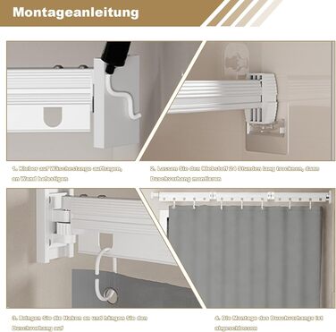 Шторка для душу з розсувною штангою без свердління, 4 секції, обертається, алюмінієвий сплав, водонепроникний антибактеріальний душ-завіса 180x200 см, для ванної кімнати та ванни (білий/сірий)