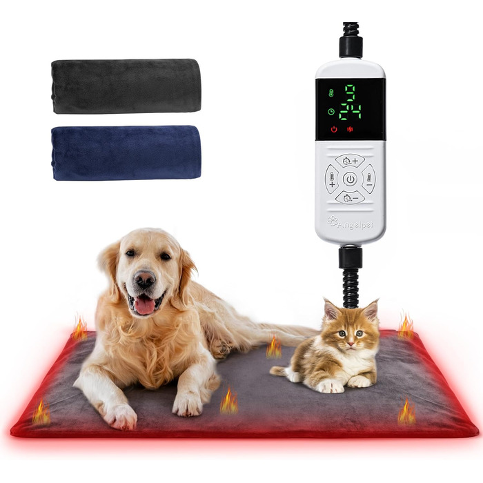 Електричний килимок для домашніх тварин Angepet 45x70 см - нагрівальна ковдра для собак та котів, 9 температурних режимів (35–55 °C) та 14 таймерів (0–12H / 24H), міцний кабель 1,8 м, 2 знімні чохли, 35–55°C (9 режимів)