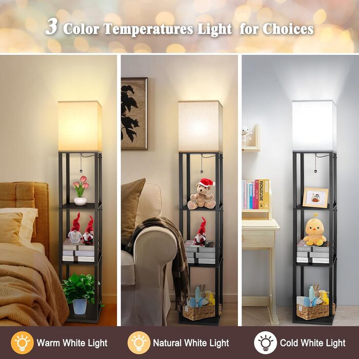 Світлодіодна торшер з дерева, 1.6м, з цоколюванням E27 (3000K-5000K), ретро торшер з 3 полицями, 3 колірні температури, настільна лампа з абажуром для спальні, кута, вітальні, офісу, чорний