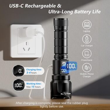 LED ліхтарик Gearlite: 6000 люмен, тактичний, водонепроникний (IP65), 3 режими, для кемпінгу, риболовлі, надзвичайних ситуацій. Чорний