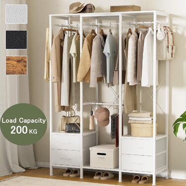 Відкрита шафа для одягу з вішалкою та 4 шухлядами, біла. Підходить для спальні, вітальні, передпокою. Стабільна та міцна.