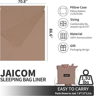 JAICOM Sleeping Bag, 2-in-1 Microfiber Sleeping Bag, Ultralight Silk Sleeping Bag for Travel - With Pillow Pocket Double Sleeping Bag, Ideal for Backpacking, Hotels & Huts, 180 * 220 cm