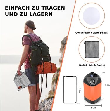Портативний душ для кемпінгу Leise з акумулятором 7800mAh, USB-C, 3 режими, LED-дисплей, помаранчевий