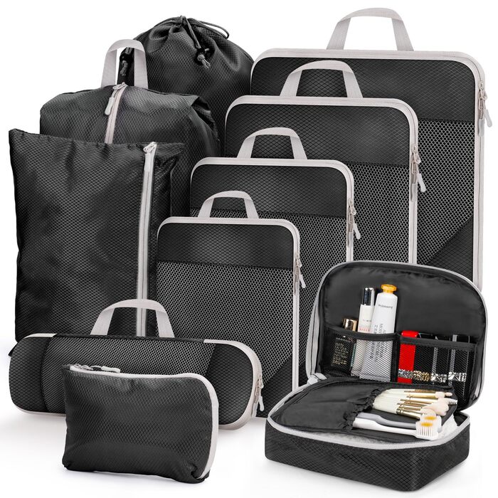 Набір органайзерів для валізи 10 шт. Packing Cubes з компресією, чорний – органайзери для подорожей, одягу, рюкзака