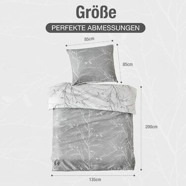 Постільна ковдра Lekesky 135x200 4-х частинна - 2 наволочки 135x200 см + 2 наволочки 80x80 см, квітковий принт, сірий поліестер мікрофібра з блискавкою, гілки сірий/білий