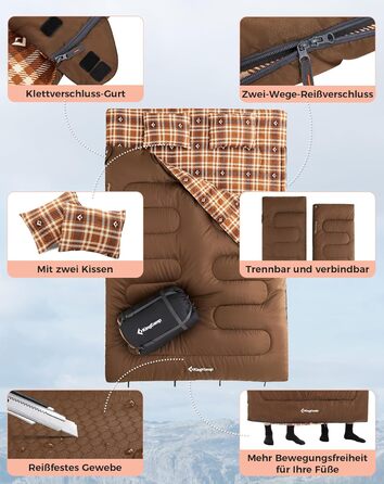 Спальний мішок KingCamp для 2 осіб з фланелі, зимовий, теплий, 3-4 сезони, з 2 подушками, для кемпінгу, подорожей та активного відпочинку на природі