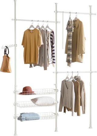 SoBuy Regal System with 3 Clothes Rails and 3 Baskets Telescopic Wardrobe System Adjustable Organization System FRG34-SCH (White)