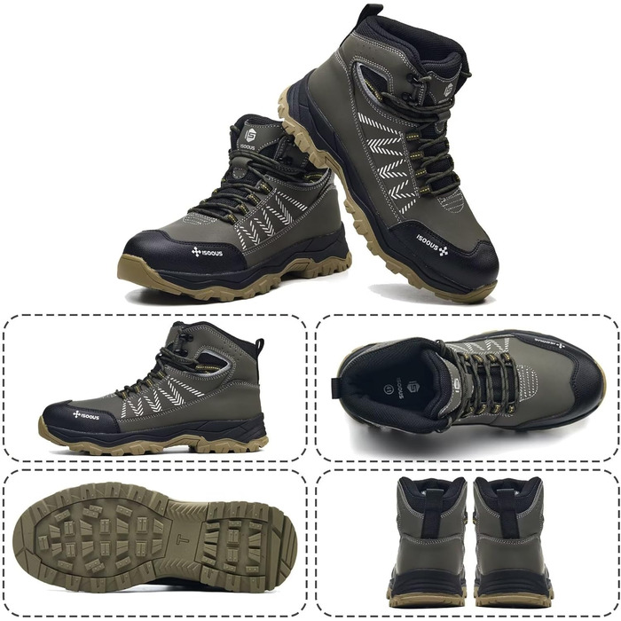 Черевики робочі чоловічі ISOOUS, високі, захисні, для жінок та чоловіків, легкі, зі сталевим підноском, антиковзаючі (43 EU, армійний зелений)