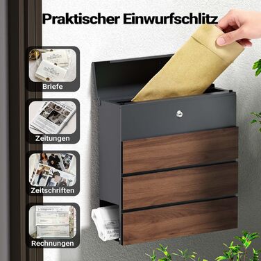 Поштова скринька настінна V63 Anthrazit з дерев'яним декором, сталь, з замком та м'якою кришкою, 410x130x370 мм