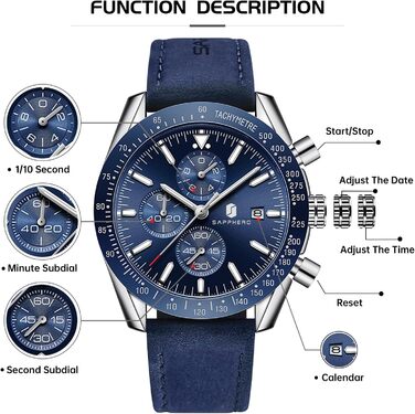 Годинник чоловічий BENYAR Chronograph з кварцовим механізмом, аналоговий, з шкіряним ремінцем. Стильний дизайн для бізнесу, спорту та повсякденного носіння. Водостійкість 30M. Елегантний подарунок для чоловіків (синій ремінець, сріблясте корпус, блакитний