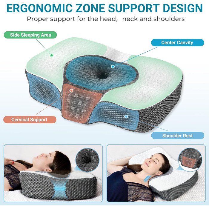 Elviros Orthopedic Memory Foam Pillow, Head Pillow for Neck Pain, Sleep Pillow, Ergonomic Neck Roll, Neck Support Pillow, Anti-Snoring Pillow for Side Sleepers, Stomach Sleepers, White