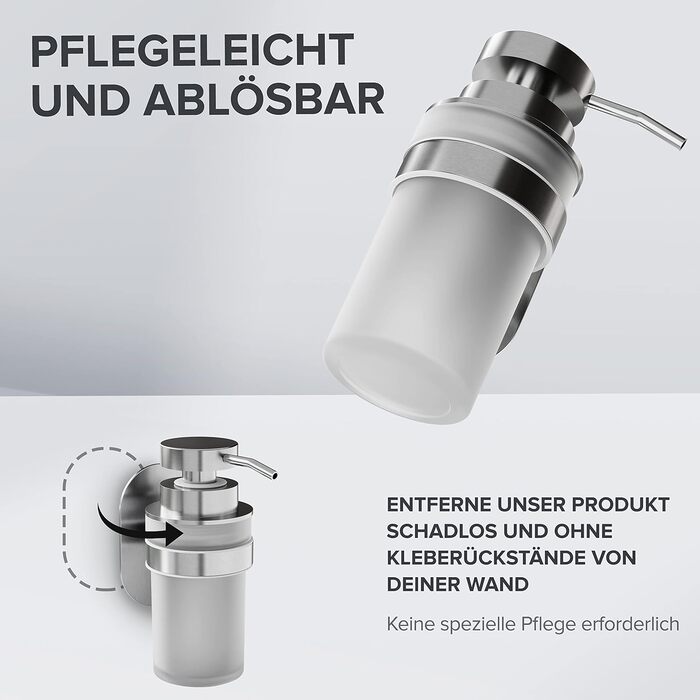 ovimar Soap Dispenser Kegnaes | Silver | Wall Mounting without Drilling | Made of Stainless Steel and White Glass | Extra Large Opening, Easy to Refill | For Bathroom or Kitchen | Hand Sanitizer Dispenser
