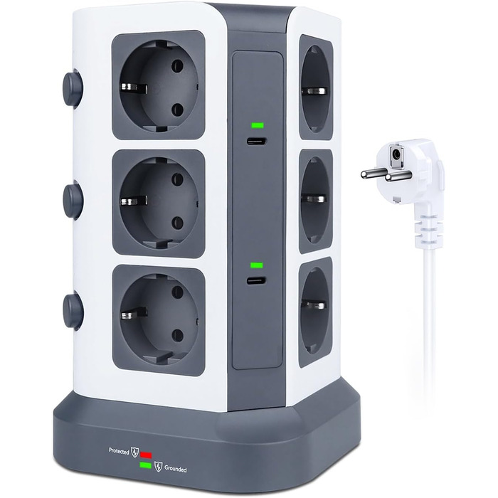 Багатофункціональна мережа живлення KOOSLA з USB-C, 12 розеток, захист від перенапруги (1500 Дж), індивідуальне вмикання, 5м кабель, сірий колір