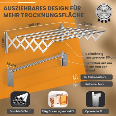 Настінна сушарка для білизни з нержавіючої сталі, висувна, 100 см, вантажопідйомність 25 кг