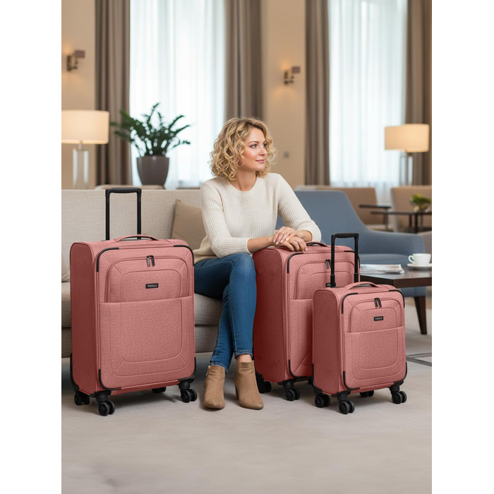 Набір валіз REDOLZ 3 шт. для жінок та чоловіків | Легкі та міцні дорожні валізи з розширенням, Softcase, 4 колеса, TSA-замок | Розширювані валізи (Essentials 12) Rose