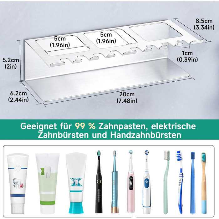 Настінний тримач для зубних щіток, електричний - без свердління, для зубних щіток та насадок, органайзер для пасти, сріблястий (великий)