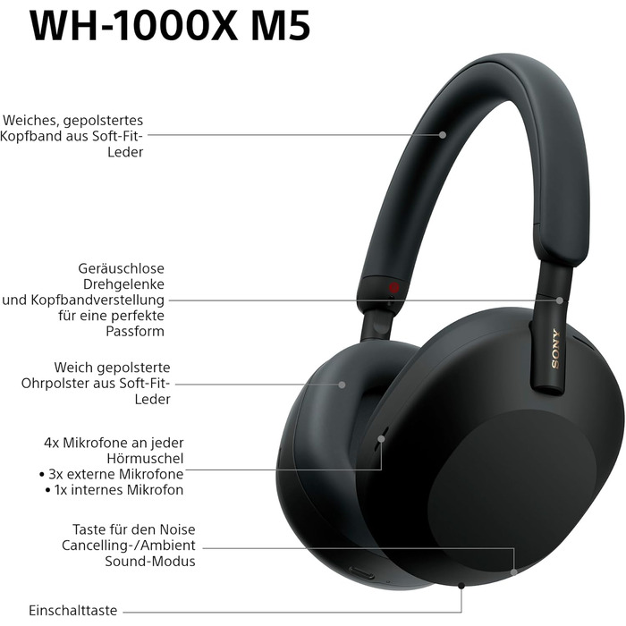 Навушники Sony WH-1000XM5 з шумозаглушенням, Bluetooth, чорні - преміум якість, Hi-Res Audio, до 30 год роботи, з кейсом