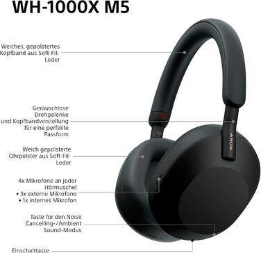 Навушники Sony WH-1000XM5 з шумозаглушенням, Bluetooth, чорні - преміум якість, Hi-Res Audio, до 30 год роботи, з кейсом