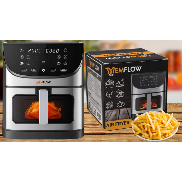 Аерофритюрниця MEMFLOW 8л, 1800 Вт, 14 програм, сенсорне керування, срібляста