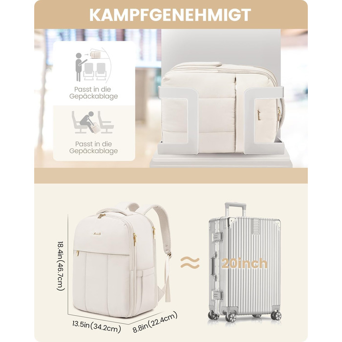 Рюкзак для ручної поклажі OVEVOOK для жінок, 40 л, для подорожей, з відділенням для взуття, для ноутбука 17 дюймів, водонепроникний, для бізнес-поїздок та вихідних (білий, L)