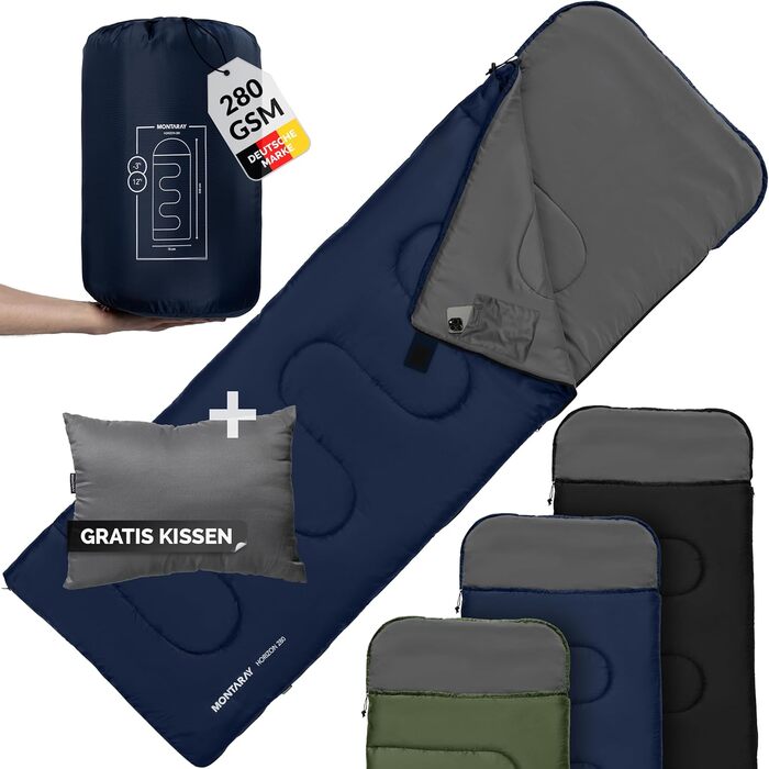 Montaray® Hooded Sleeping Bag -3°C - Outdoor Winter & Summer Sleeping Bag for Hiking, Camping & Hut Use - Warm Sleeping Bag for Men & Women (Blue, 280GSM, 75 x 220cm)