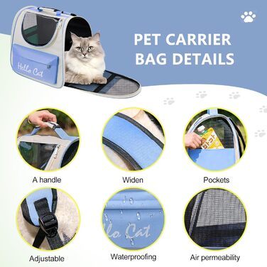 Рюкзак для тварин з сіткою, складаний рюкзак для кота/собаки з мискою для подорожей, водонепроникний оксфорд, до 15 кг, блакитний
