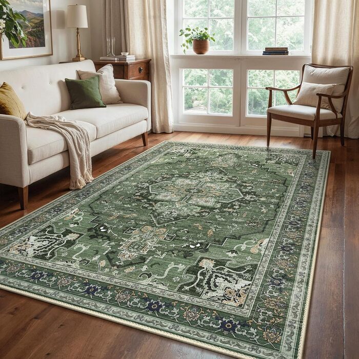 Килим GENIMO Boho Vintage 160x230 см, короткий ворс, антиковзаючі, для вітальні, спальні, їдальні, офісу, салатовий, геометричний, прямокутний