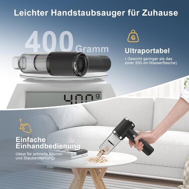 Бездротовий акумуляторний пилосос Handstaubsauger: потужний 12000Pa для дому та авто, 3-в-1 з USB-зарядкою, 5200mAh, видалення шерсті тварин, 2 режими, миючий фільтр та аксесуари