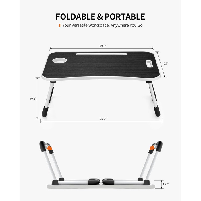 Складаний столик для ноутбука, портативний столик на колінах, приліжковий столик, підставка для ноутбука з тримачем для напоїв та слотом для планшета, чорний