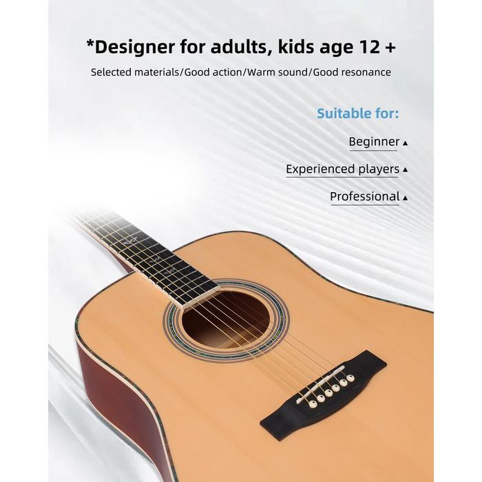 Акустична гітара Winzz 4/4 для початківців, 41 дюйм з чохлом, тюнером, ремінком, медіатором, запасним струною та підставкою (натуральний колір)