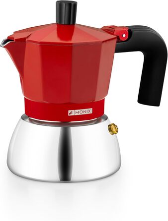 Кавоварка Monix Induction Inox для індукції, алюміній та нержавіюча сталь, 3 чашки, термостійка ручка, підходить для всіх плит, червона
