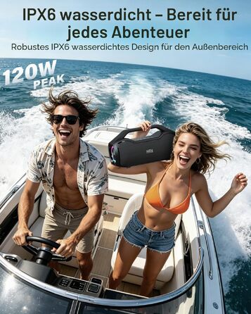 Bluetooth колонка портативна 120W з басами, водонепроникна IP65, підтримка DSP/TWS/AUX/TF/BT5.4, для вечірок та пляжу (Чорна)