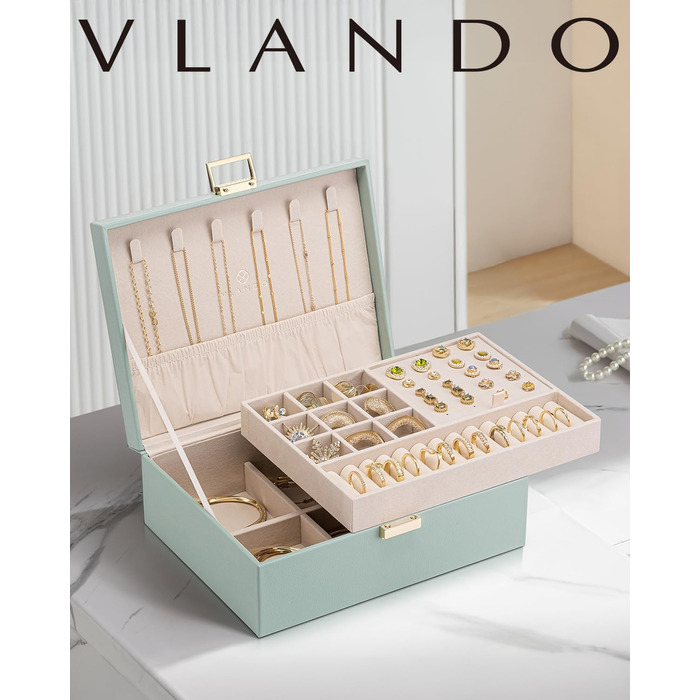 Шкатулка для прикрас Vlando, зелена, 2 яруси, для годинників, кілець, сережок, намист