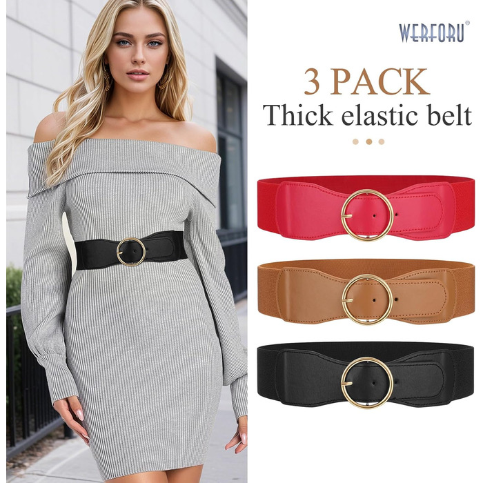 Еластичний ремінь для талії WERFORU 3 шт. для жінок. Широкий пояс для суконь, джинсів. Розміри S/M (63-82 см)