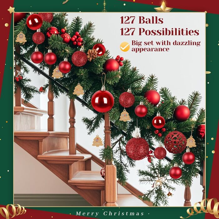 Набір прикрас для ялинки 141 шт. з пластику: матові, глянцеві, з блискітками, з вирізанням. Декоративні кулі для ялинки, червоні. Прикраси для дому та вулиці