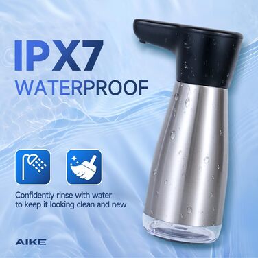 AIKE Automatic Soap Dispenser, Stainless Steel, 420 ml Rechargeable Soap Dispenser with USB Magnetic Connector, Soap Dispenser for Kitchen and Bathroom, IPX7 Waterproof