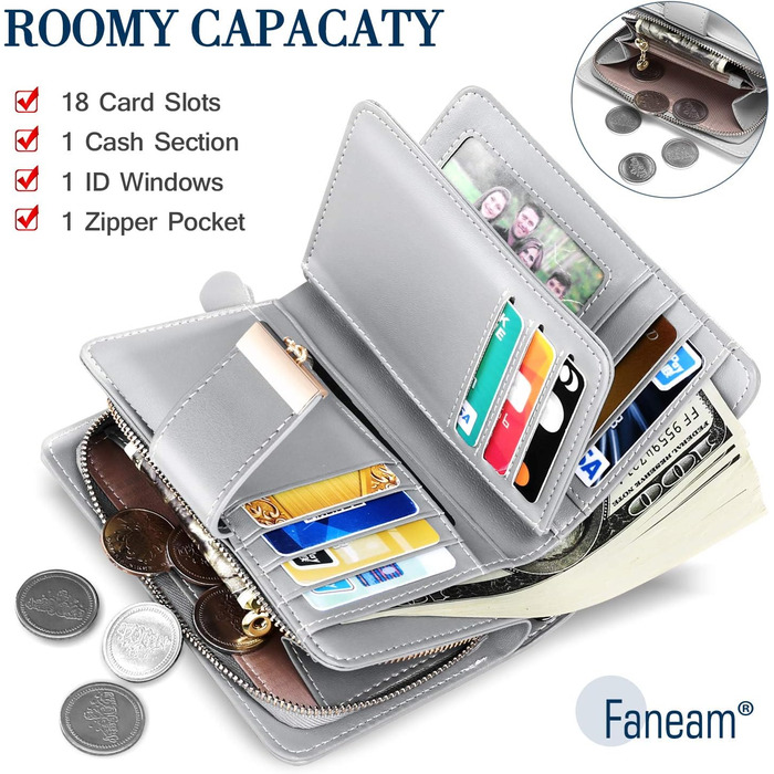 Жіночий гаманець Faneam з натуральної шкіри з RFID захистом, багато відділень для карт, компактний портмоне на блискавці з ланцюжком і ремінцем