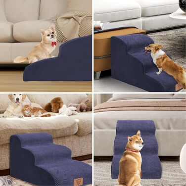 Masthome Dog Stairs for Small Dogs, 4 Steps Pet Stairs with Washable Cover, 52cm High Cat Stairs for High Beds, Dog Ramp Ladder, Removable, Black (3 Step Dog Stairs - Blue)