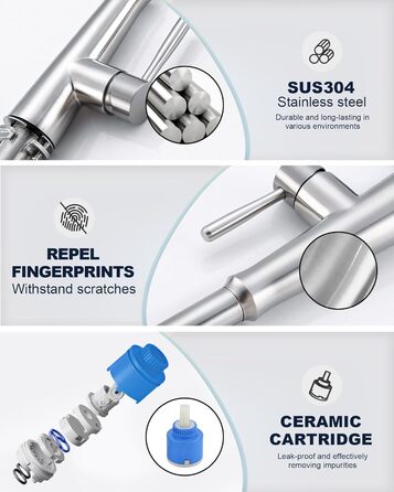 Змішувач кухонний iVIGA висувний з дозатором, водоспад, 360° поворот, 3 режими, щітене нікель