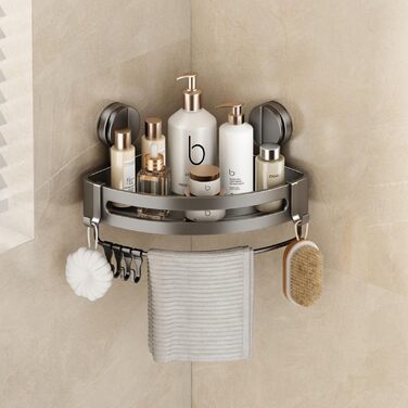 Поличка для душу без свердління, кутова поличка для ванної кімнати з присосками, органайзер для душу з тримачем для рушників та знімними гачками (2 шт., сірий). Трикутна поличка для душу