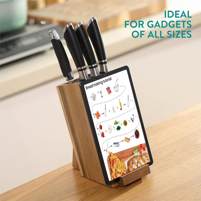Navaris Knife Block with Smartphone and Tablet Holder - Knife Block without Knives - Multifunctional Kitchen Knife Block Made of Durable Acacia Wood - Washable Bristles