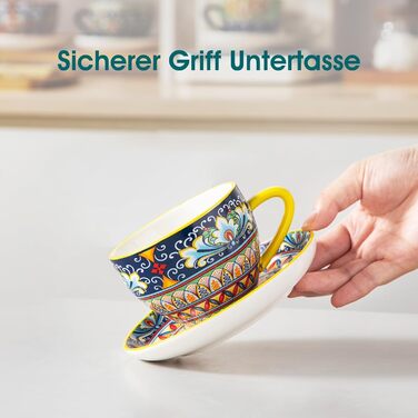 Набір кавових чашок капучино Vancasso SIMI (6 шт.) з блюдцями, 240 мл - фарфоровий посуд для 6 осіб, мікрохвильова піч, богемський стиль