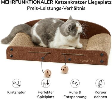 Cat Scratch Board, 66CM Durable Scratch Cardboard and Felt, Large Lounger, 2 Reversible Cat Scratch Pads for Cats, Recyclable Cardboard Cat Bed with Bell Ball Toy, Caramel Color (Medium Size)