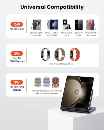 Зарядний пристрій GEEKERA 3-в-1: бездротова зарядка для Samsung Galaxy Z Fold/Flip, Fitbit Sense/Versa, Galaxy Buds (чорний)